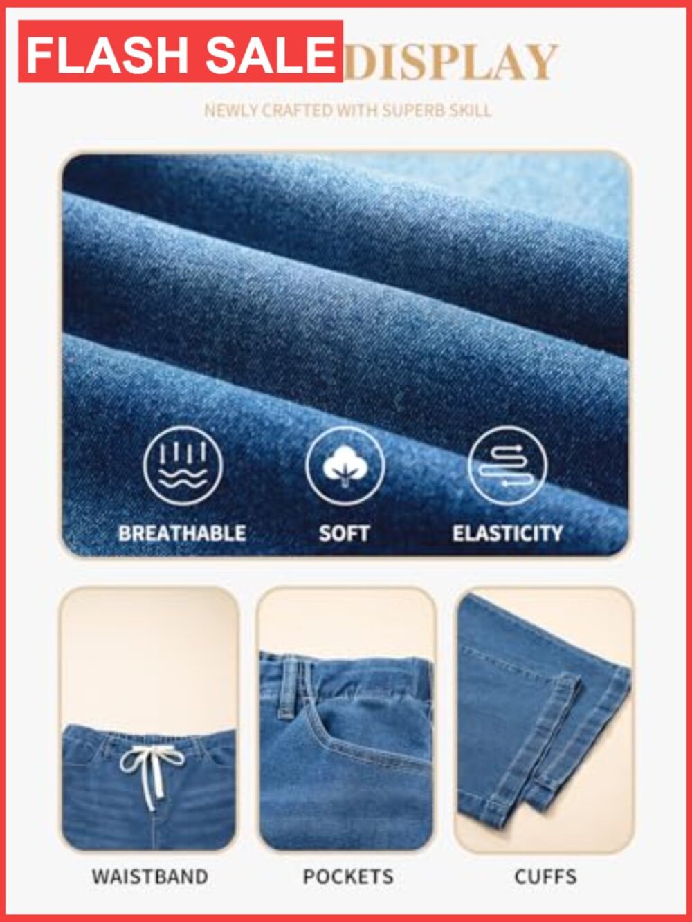 Plus Size Wide Leg Jeans Elastic Waist Drawstring Stretchy Denim Pants with - Picture 5 of 7